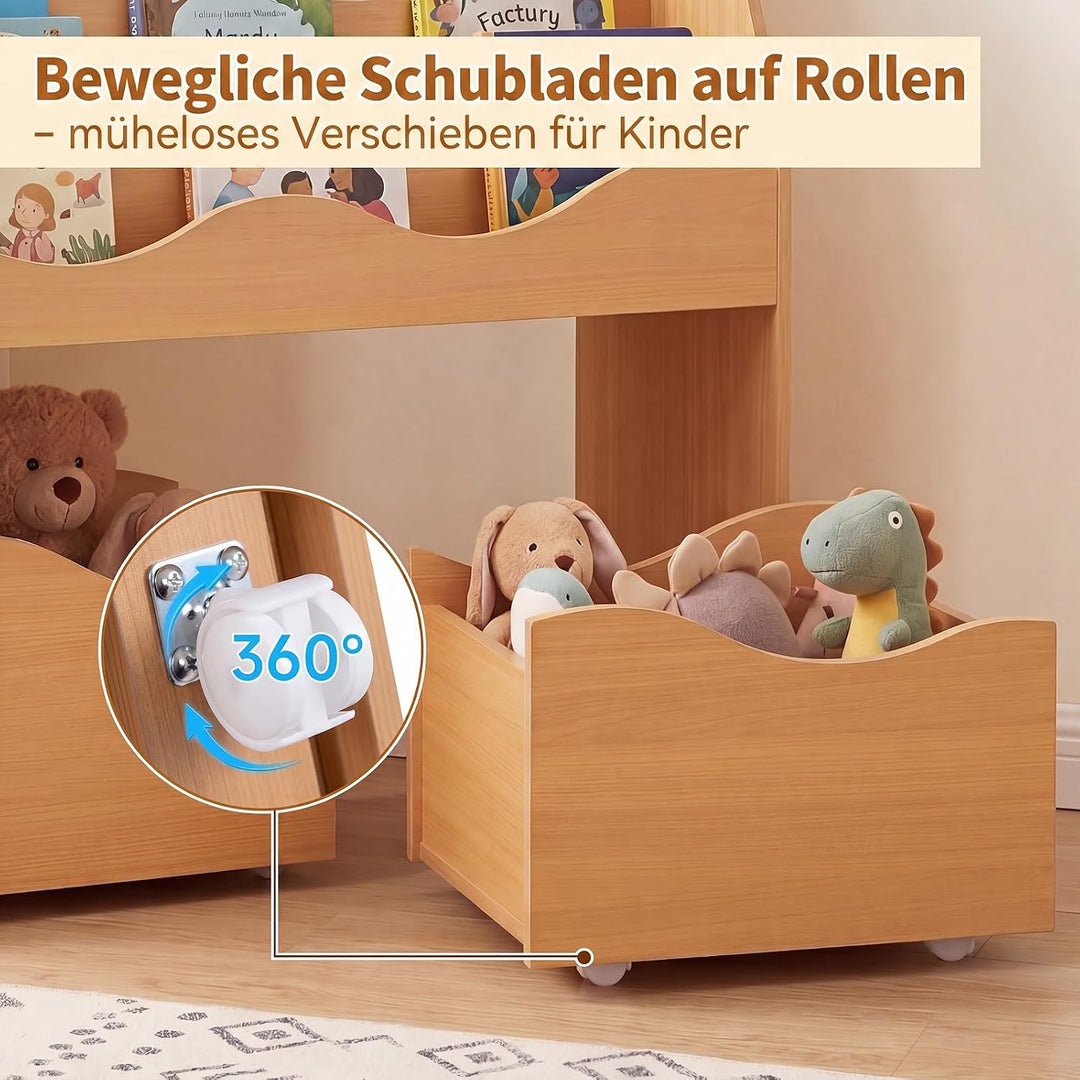 COSTWAY Kinderregal mit 2 Boxen auf Rollen (Natur) | Bücherregal Kinder mit 3 wellenförmigen Ebenen,