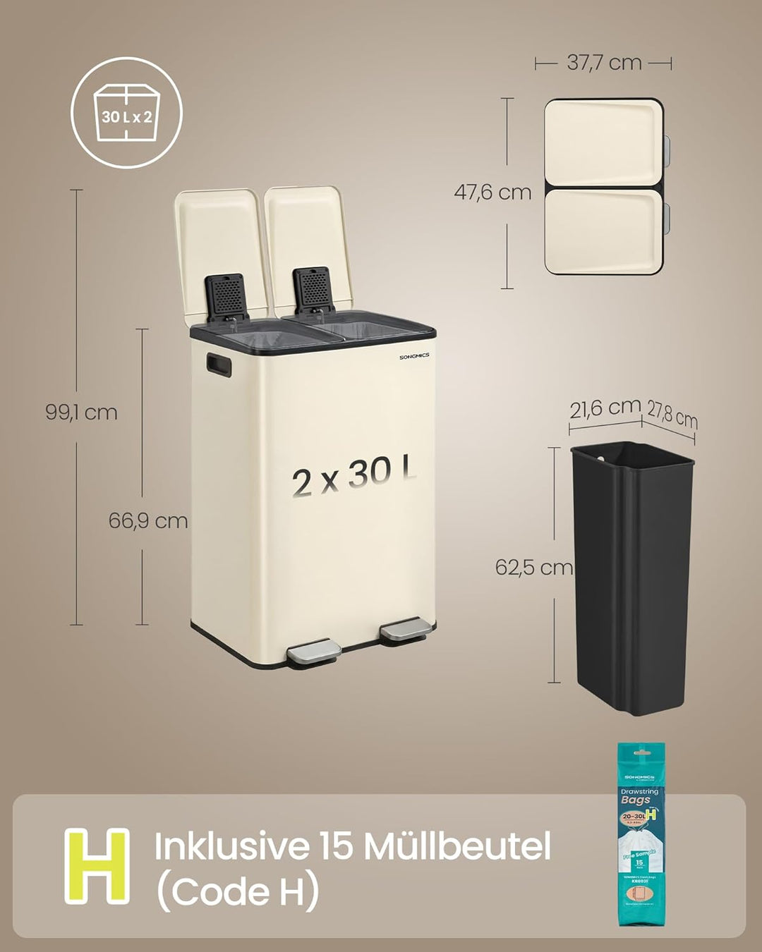 SONGMICS Mülleimer Küche, 2 x 30 Liter, 2 Fächer, Abfalleimer, Tretmülleimer, Küchenmülleimer mit So