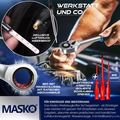 MASKO® Werkzeugkoffer 969-teilig gefüllt | Werkzeugset im Aluminiumkoffer | Werkzeugkasten mit Rolle