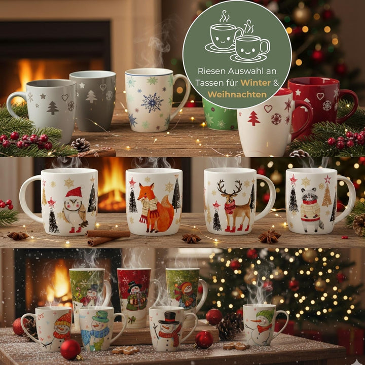 Schönes Weihnachtstassen 6er Set - Grosse 300 ml Weihnachtsmotiv Kaffee-Tassen in grau, weiss Weihna
