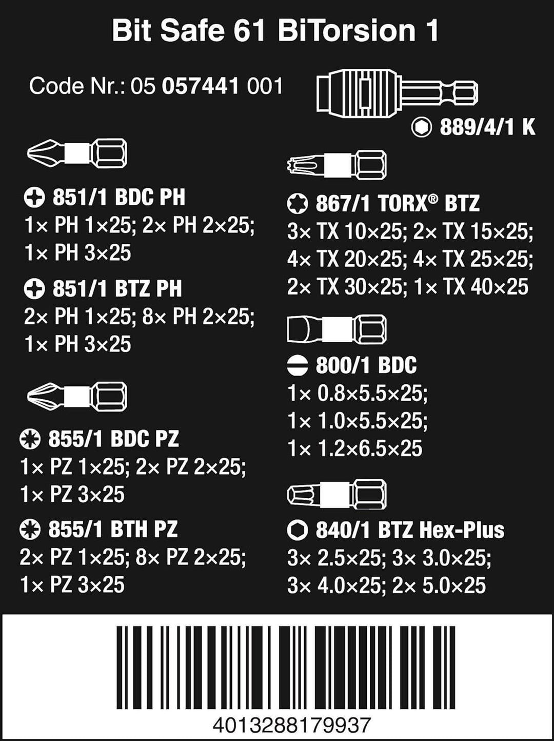 Wera Bit-Sortiment, Bit-Safe 61 BiTorsion 1, 61-teilig, Schwarz, Einheitsgrösse, 05057441001 &amp; 887/4