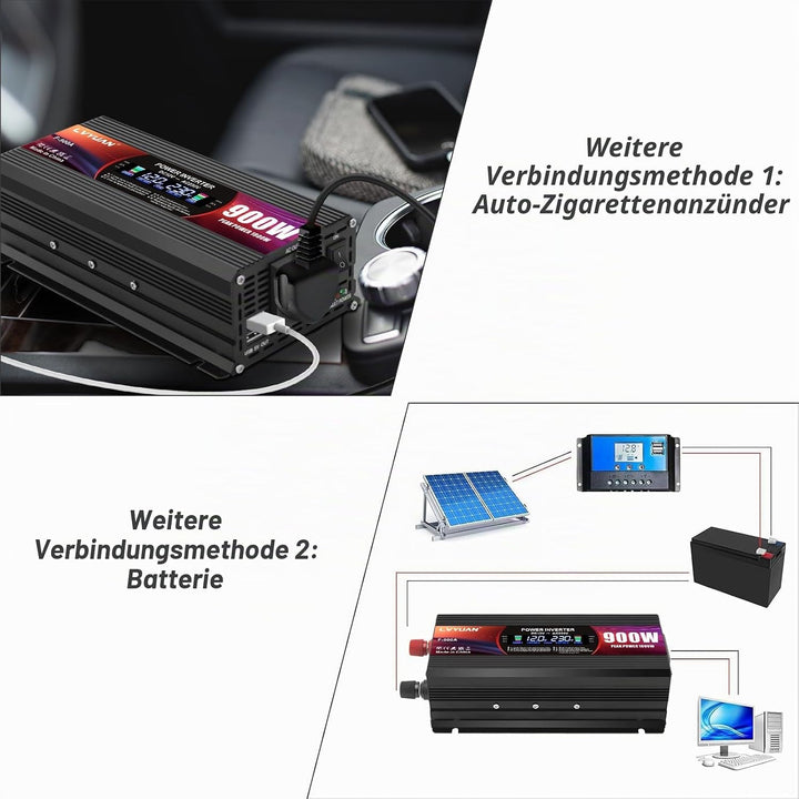 LVYUAN Wechselrichter 12V 230V 900W Spannungswandler Stromumwandler mit EU Steckdosen, 2 USB, Alliga