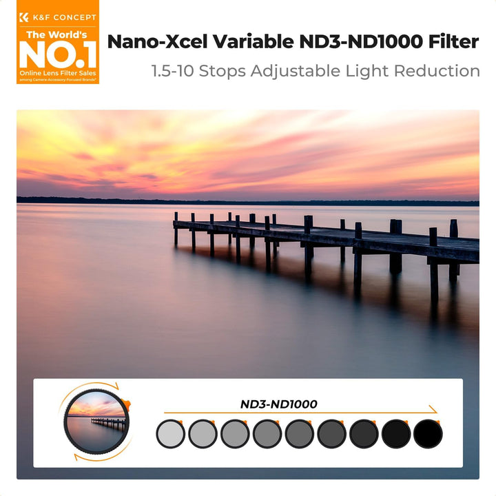 K&F Concept Variabler ND Filter 77mm ND3-ND1000 Graufilter (1.5-10 Blendenstufen) （Nano Xcel）