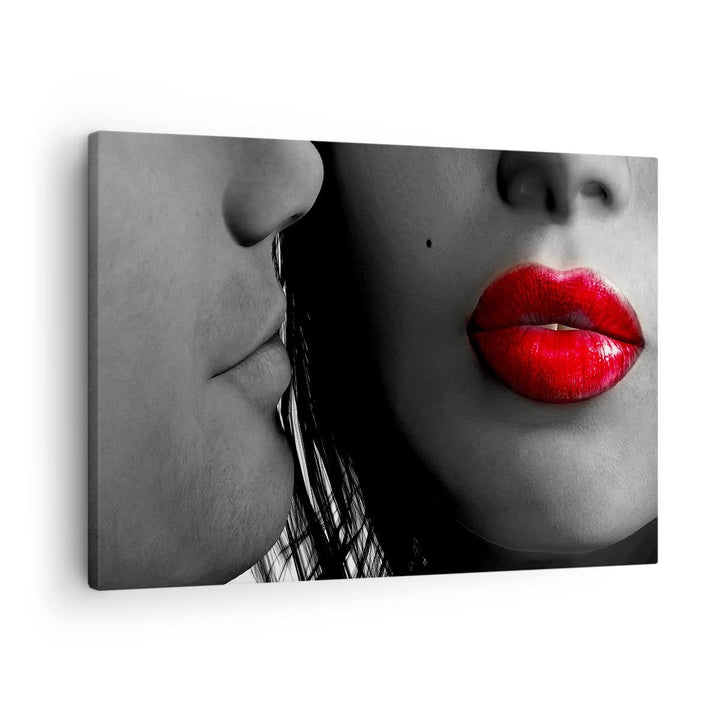 Bilder auf Leinwand Rote Lippen dunkles Haar Modell Liebe Leinwandbild 70x50cm Wandbilder Dekoration