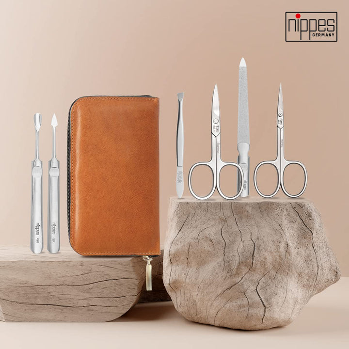 nippes Solingen Premium Line Maniküre Set Whiskey, 6-teilig, Edelstahl rost- und nickelfrei, Rindsle
