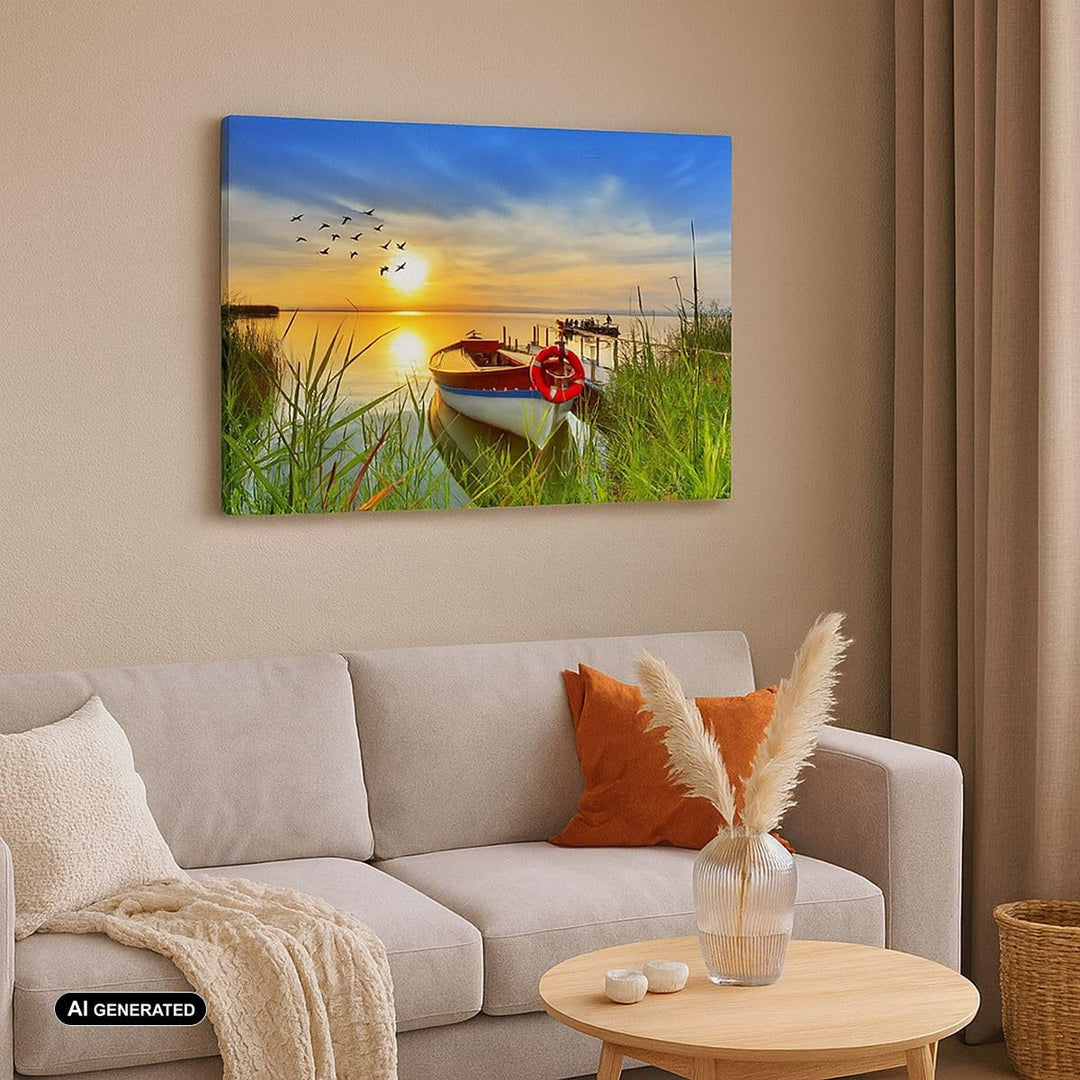 Bilder auf Leinwand 100x70cm Leinwandbild Boot See Sonnenuntergang Sommer Menschen Gross Wanddeko Bi