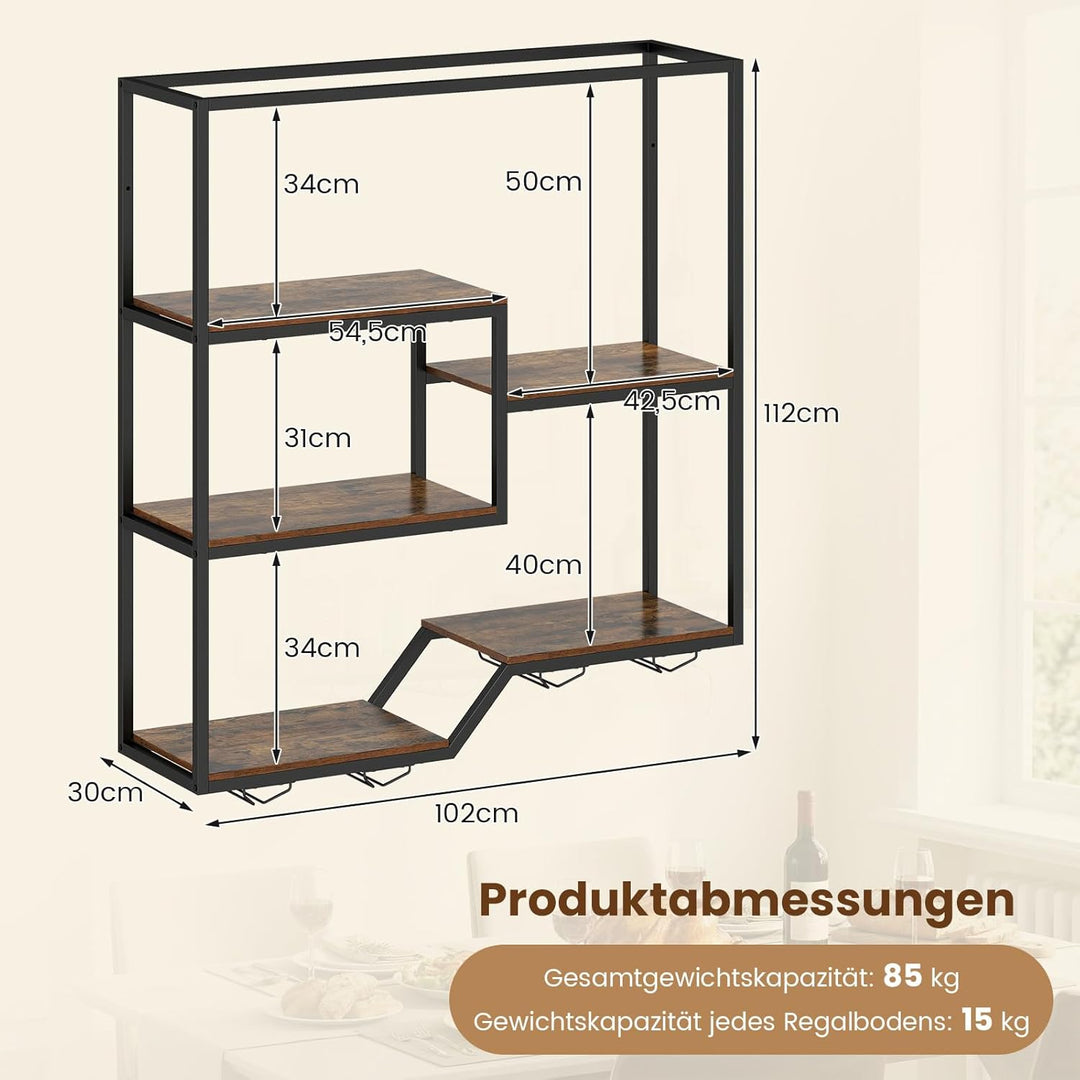 COSTWAY Weinregal Wand, Bar Regal mit 6 Regalböden & 4 Glashalter, Flashenregal Metall, Weinflaschen