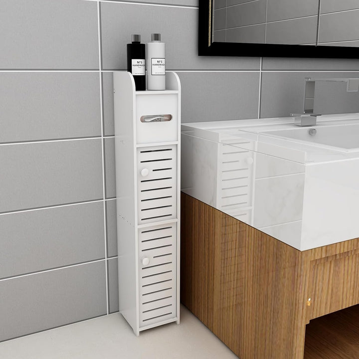 17x15x78cm Doppeltür PP Badezimmerschrank Weiss – Schmaler WC Schrank mit Toilettenpapierhalter, Pla