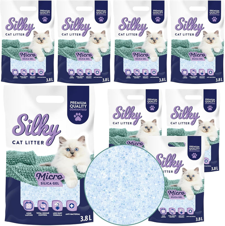 Silky Mikro Silikat-Katzenstreu 3,8L | 30,4L Satz | Staubfrei, Geruchskontrolle, Saugfähig, Bakterie