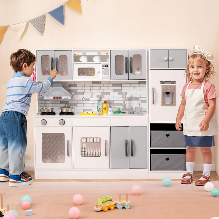 COSTWAY Kinderküche inkl. 22 Zubehörteilen, modulare Spielküche mit Kühlschrank & 2 Stoffkörben, Hol