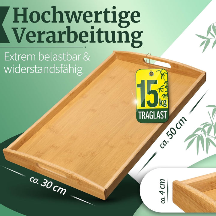 HEIMWERT Tablett Serviertablett Bambus Holz - besonders stabiles und leichtes Holztablett mit Griff