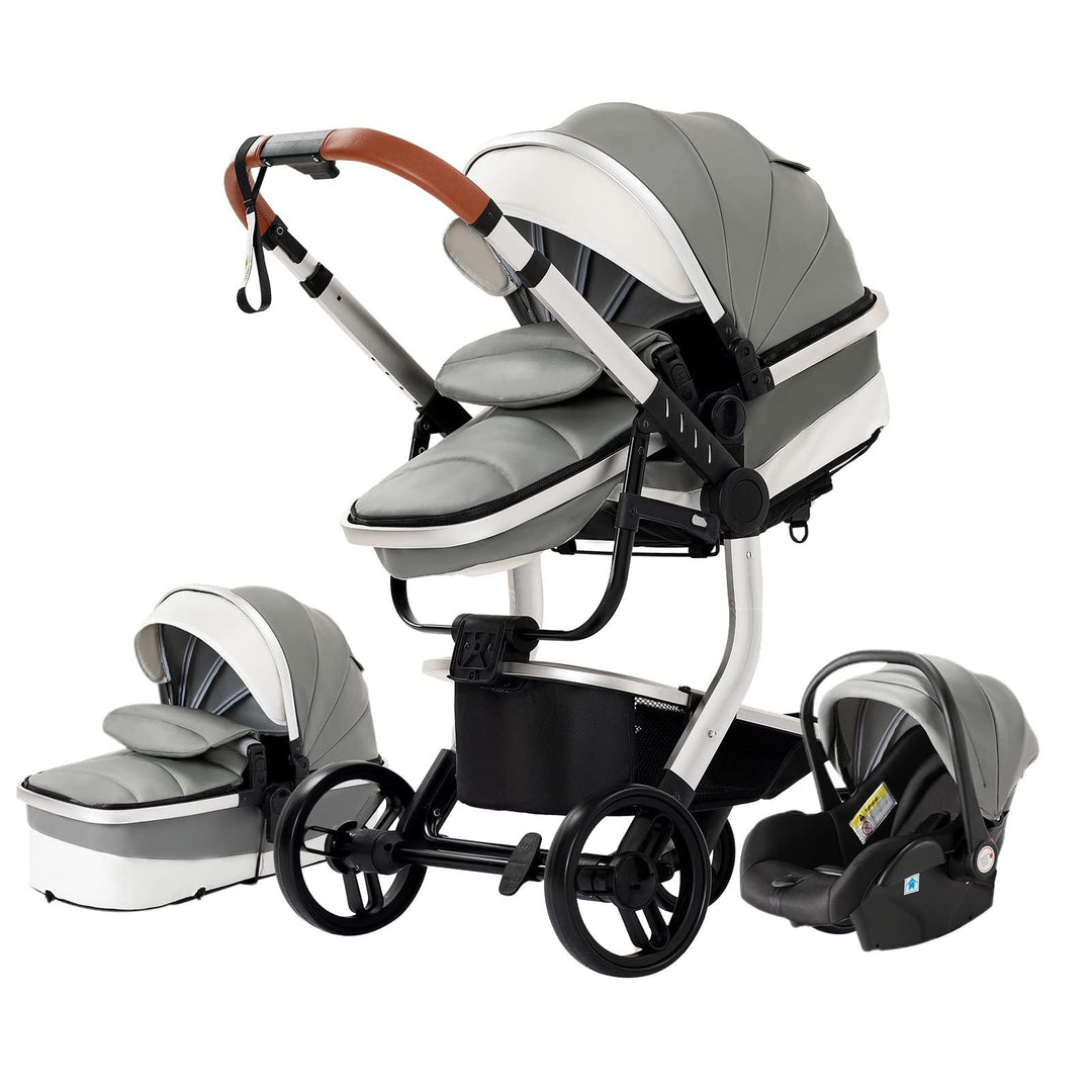 NADDLILY PU-Leder Kinderwagen 3 in 1, Buggy mit Umkehrbarem Zwei-Wege-Schub, Kinderwagen Faltbarem T