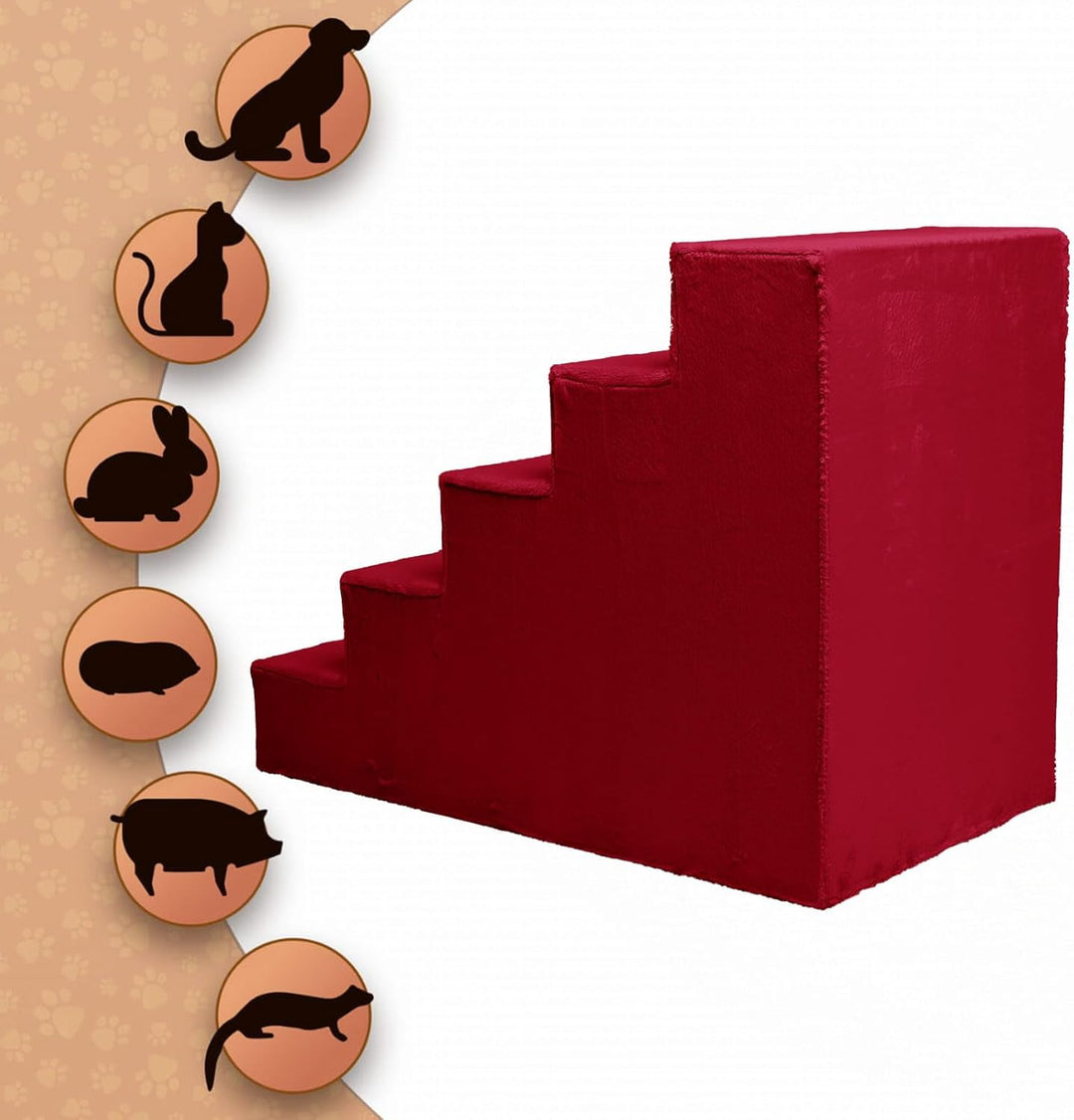 Mg Design Hundetreppe 5 Stufen in Rot – Stabiler Holzrahmen, gelenkschonend, leicht & mobil, für Sof