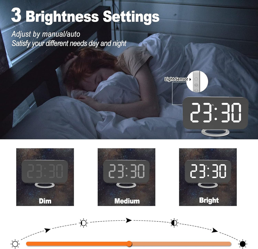 ThreeH Digitaler Alarm mit Dual-USB-Ladegerät Einstellbare Helligkeit Dimmer Snooze LED-Anzeige Weck