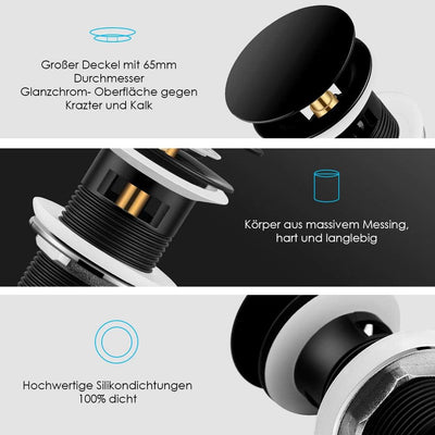Wasserrhythm Universal Siphon mit Ablaufgarnitur für Waschbecken und Waschschalen mit Überlauf, Pop