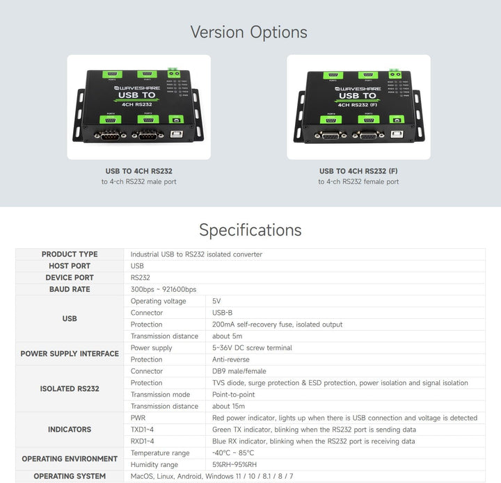 Waveshare Industrial Isolated USB to 4CH RS232 Converter (DB9 Male Interface), Adopts Original FT423