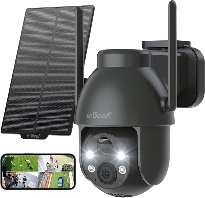 ieGeek 2K 3MP Überwachungskamera Aussen Solar, 360° PTZ Überwachungskamera Aussen Akku, 2.4GHz Kabel