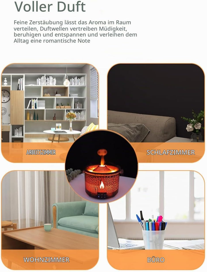 ThreeH Flammen-Vulkan Luftbefeuchter mit Aromadiffusor 2 Nebelmodi 7 Farben LED Für 20m² Räume