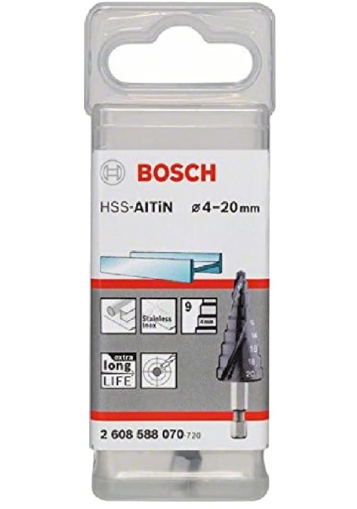 Bosch Professional Stufenbohrer HSS-AlTiN mit 1/4"-Sechskantschaft (Ø 4-20 mm, 9 Stufen, Zubehör für