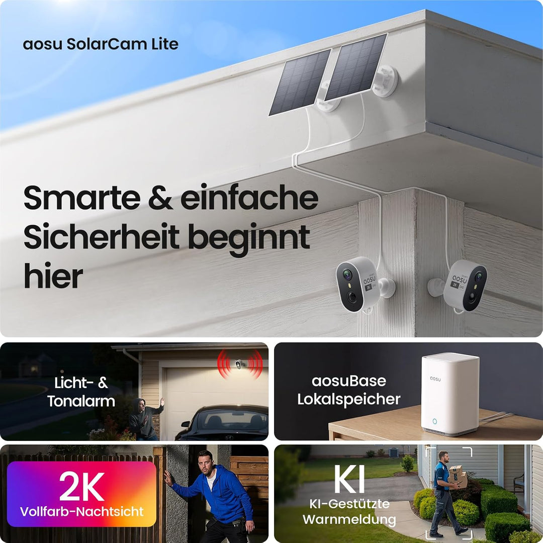 aosu 2K Überwachungskamera Aussen Akku Solar 4er-Kit mit Aosubase 2.0 ohne ABO 32GB Lokal Speicher K