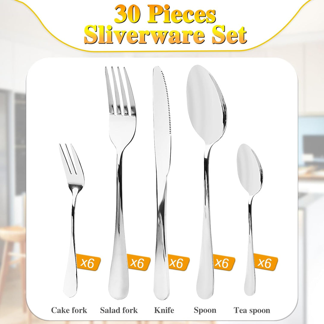 Besteck Set 6 Personen, 30 teilig Cutlery Set inkl. Messer, Gabel, Löffel, Besteckset Spiegelpoliert