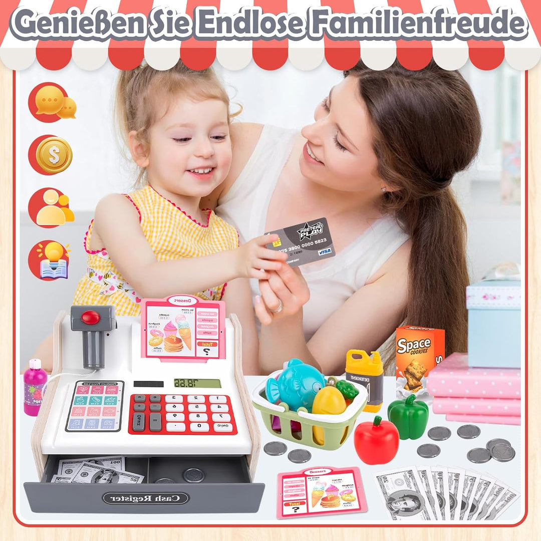 JONRRYIN Holz Kasse Kinder Spielzeug, Spielkasse Kinderkasse mit Scanner & Sound, Spielgeld Einkaufs