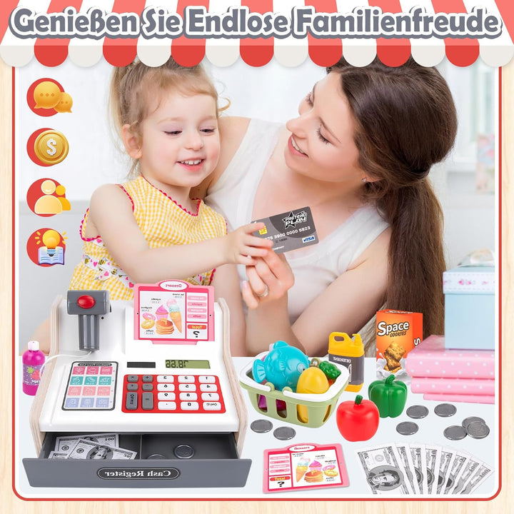 JONRRYIN Holz Kasse Kinder Spielzeug, Spielkasse Kinderkasse mit Scanner & Sound, Spielgeld Einkaufs