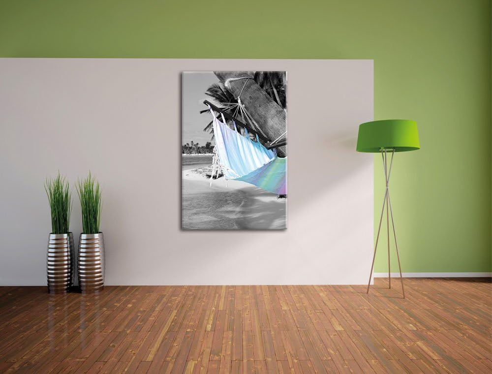 Pixxprint traumhafte Hängematte am Strand, Format: 70x100 auf hochkantiges Leinwand, XXL riesige Bil