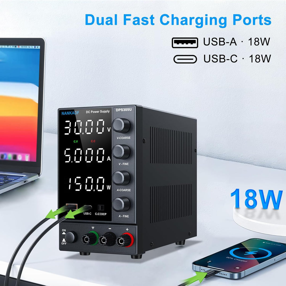 Labornetzgerät einstellbar 30V 5A, Variables DC-Netzteil mit USB-A/Typ-c-Schnellladeanschluss, hochp