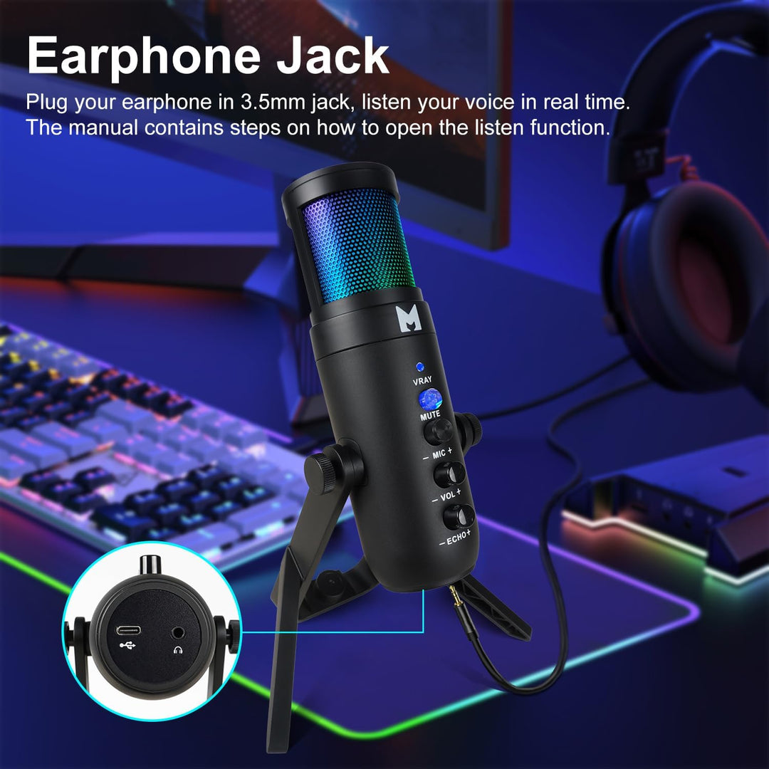 USB Mikrofon PC, Gaming Mikrofon für Streaming Podcast Voiceover, USB C Kondensator Mikrofon mit RGB