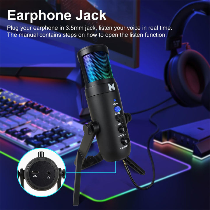 USB Mikrofon PC, Gaming Mikrofon für Streaming Podcast Voiceover, USB C Kondensator Mikrofon mit RGB
