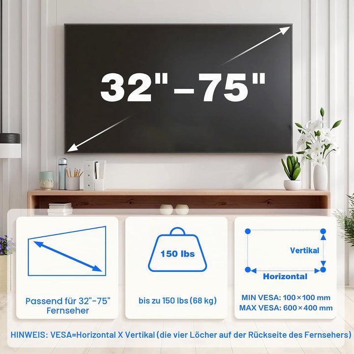 TV Wandhalterung, Ultraslim Fernsehen Halterung Wand für 32-75 Zoll Flach & Curved Fernseher oder Mo