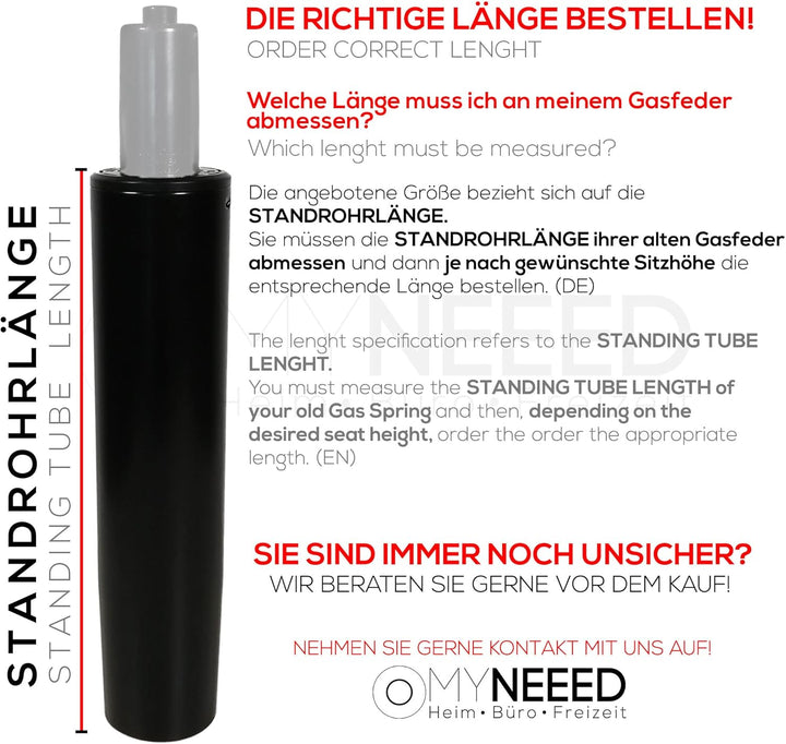 MYNEEED Gasdruckfeder für Bürostuhl - Gasfeder Belastbar bis 200 kg - Gasdruckdämpfer für Drehstuhl,