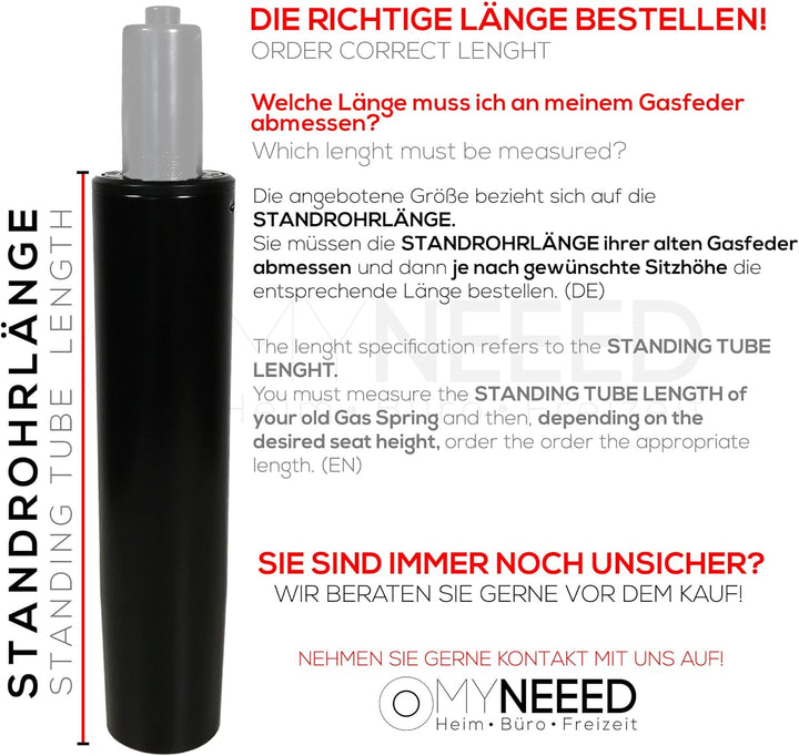 MYNEEED Gasfeder für Bürostuhl - Gasdruckfeder Belastbar bis 200 kg - Gasdruckdämpfer für Drehstuhl,
