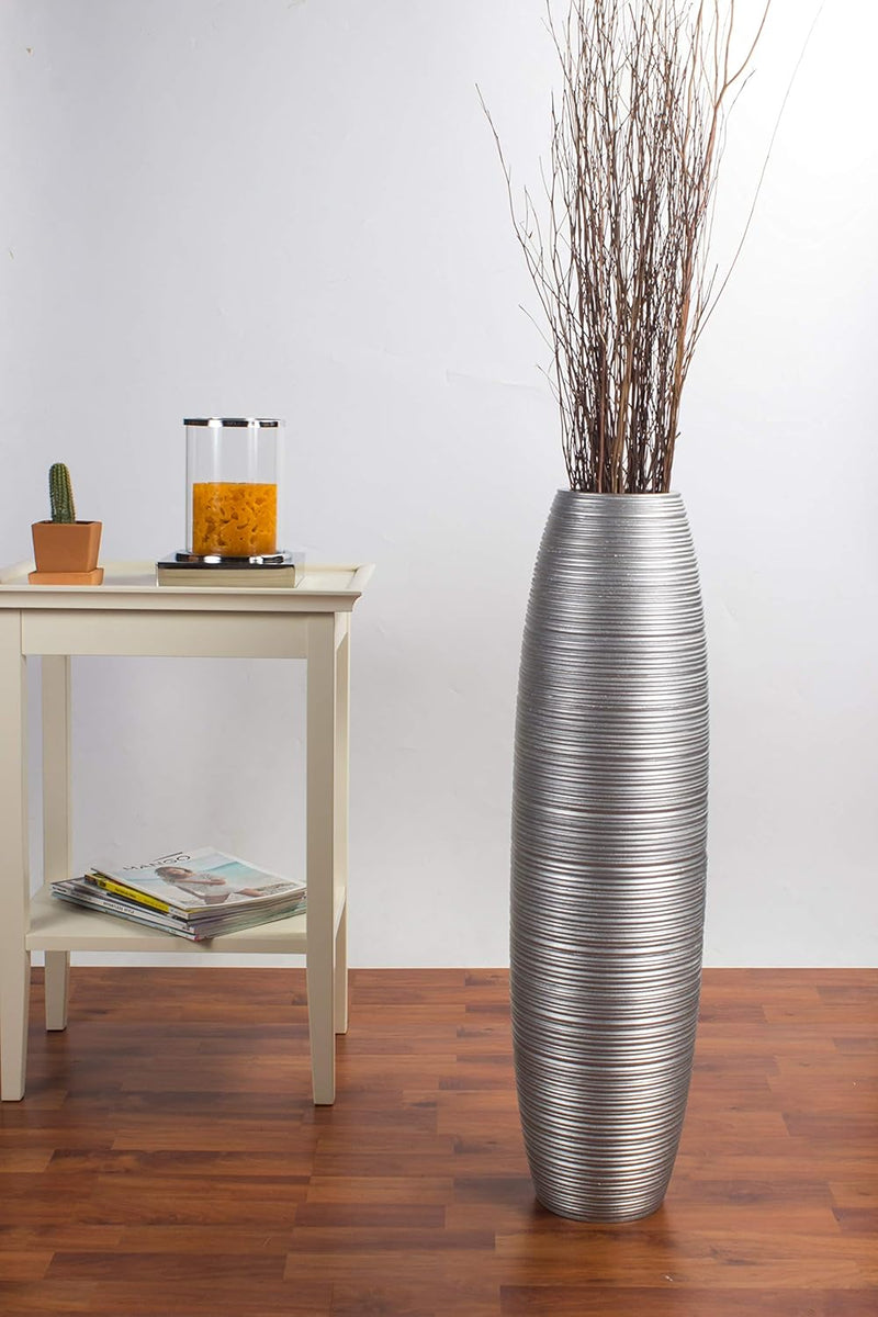 Leewadee Grosse Bodenvase für Dekozweige hohe Standvase Design Holzvase, Holz, 70 cm, Silber 70 cm S