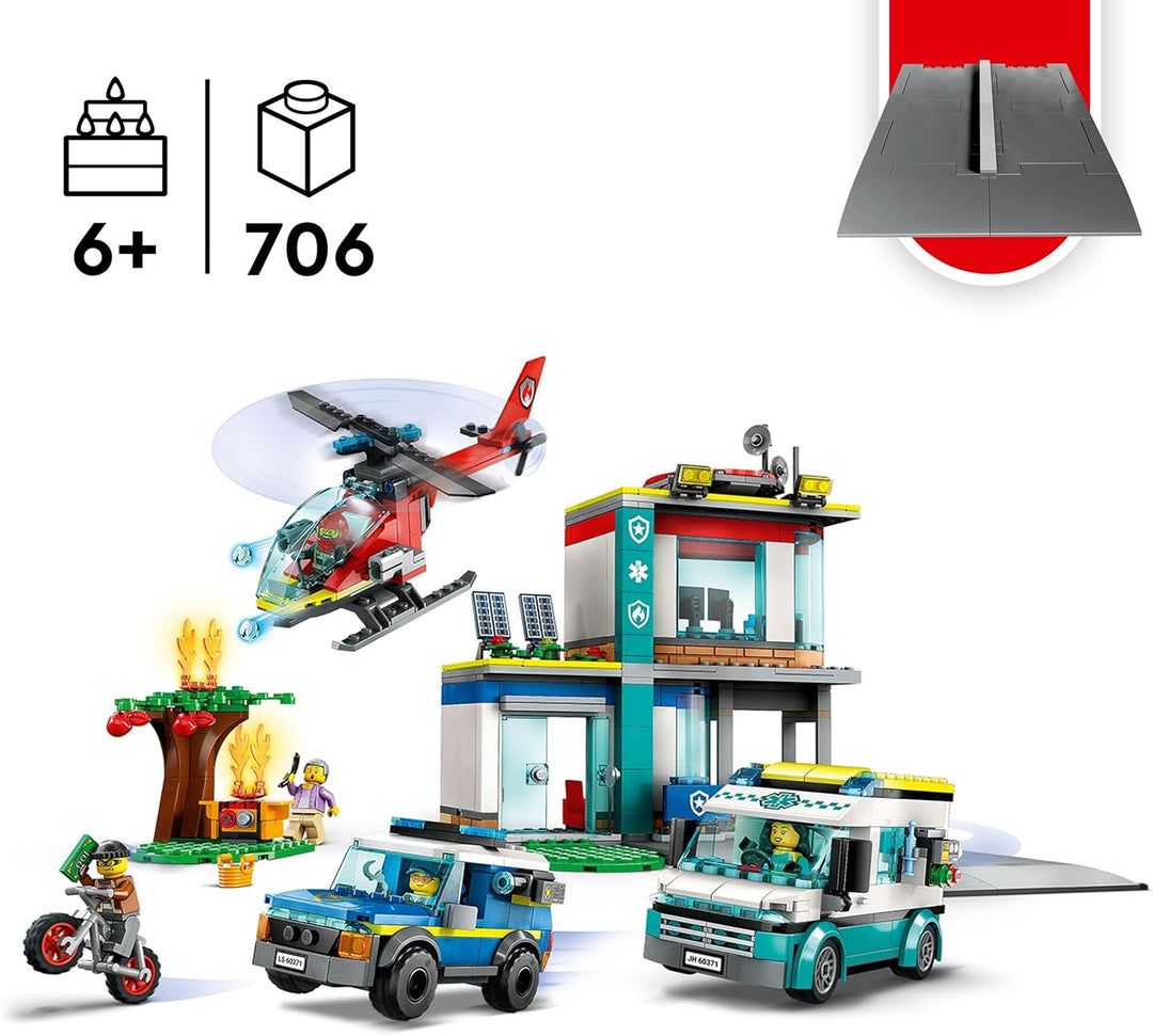 LEGO 60371 City Hauptquartier der Rettungsfahrzeuge mit Feuerwehr-Hubschrauber, Krankenwagen, Motorr