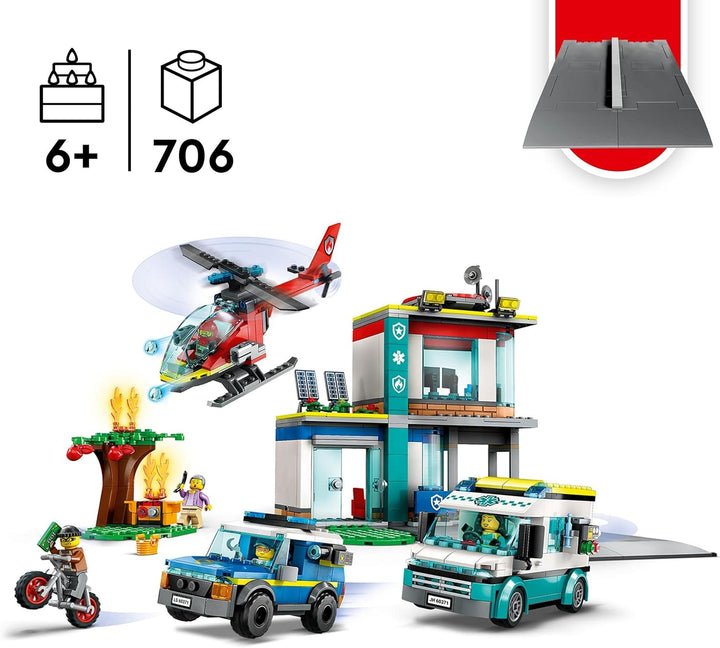 LEGO 60371 City Hauptquartier der Rettungsfahrzeuge mit Feuerwehr-Hubschrauber, Krankenwagen, Motorr