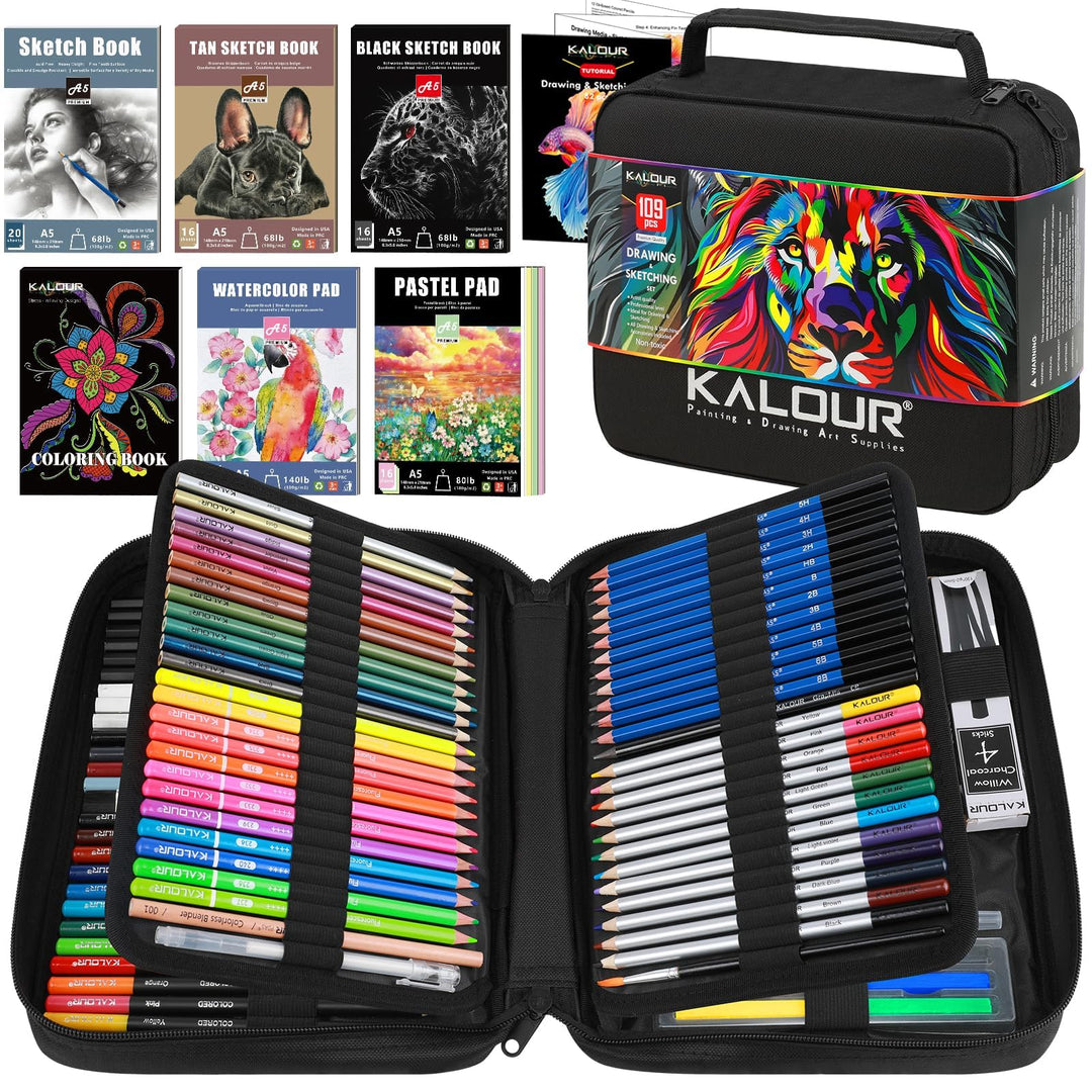 KALOUR PDAS 109 Zeichen Set Skizzenset, Pro Kunstbedarf mit Neon-, Farbstiften, Aquarell-, Metallic-