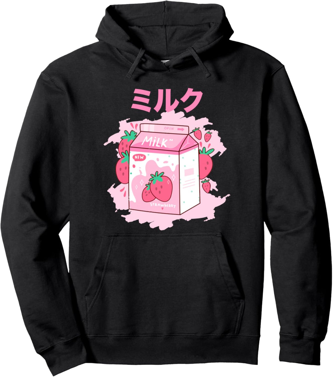 Funny Retro 90s Japanese Kawaii Strawberry Milk Shake Carton Pullover Hoodie