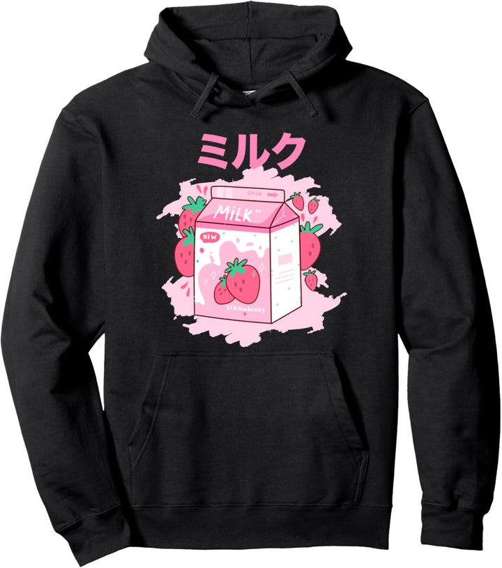 Funny Retro 90s Japanese Kawaii Strawberry Milk Shake Carton Pullover Hoodie