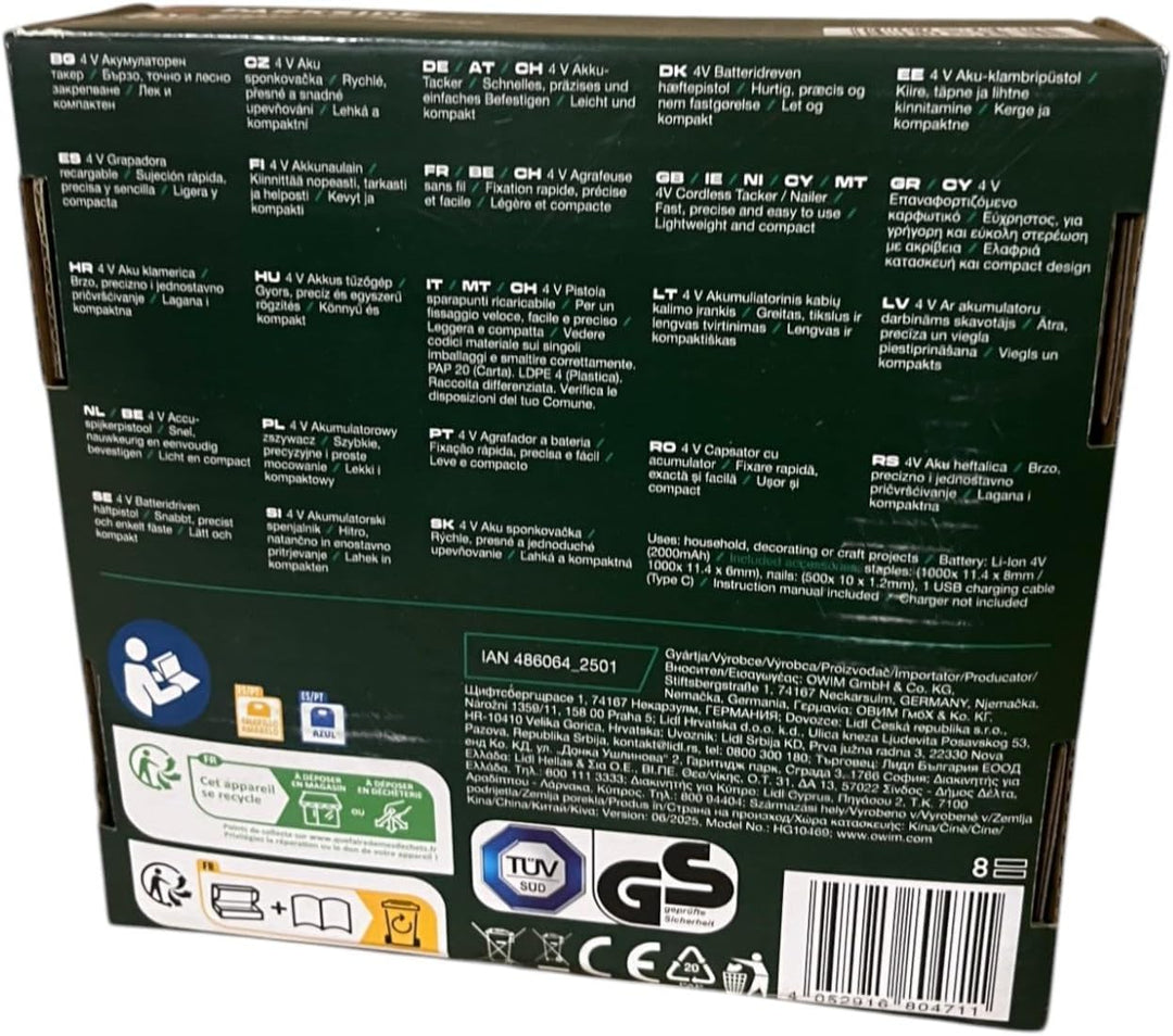 PARKSIDE Akkutacker Tacker | 4V (1300mAh) Li-Ion Akku Elektrotacker - Inklusive 1000 Klammern | PAT