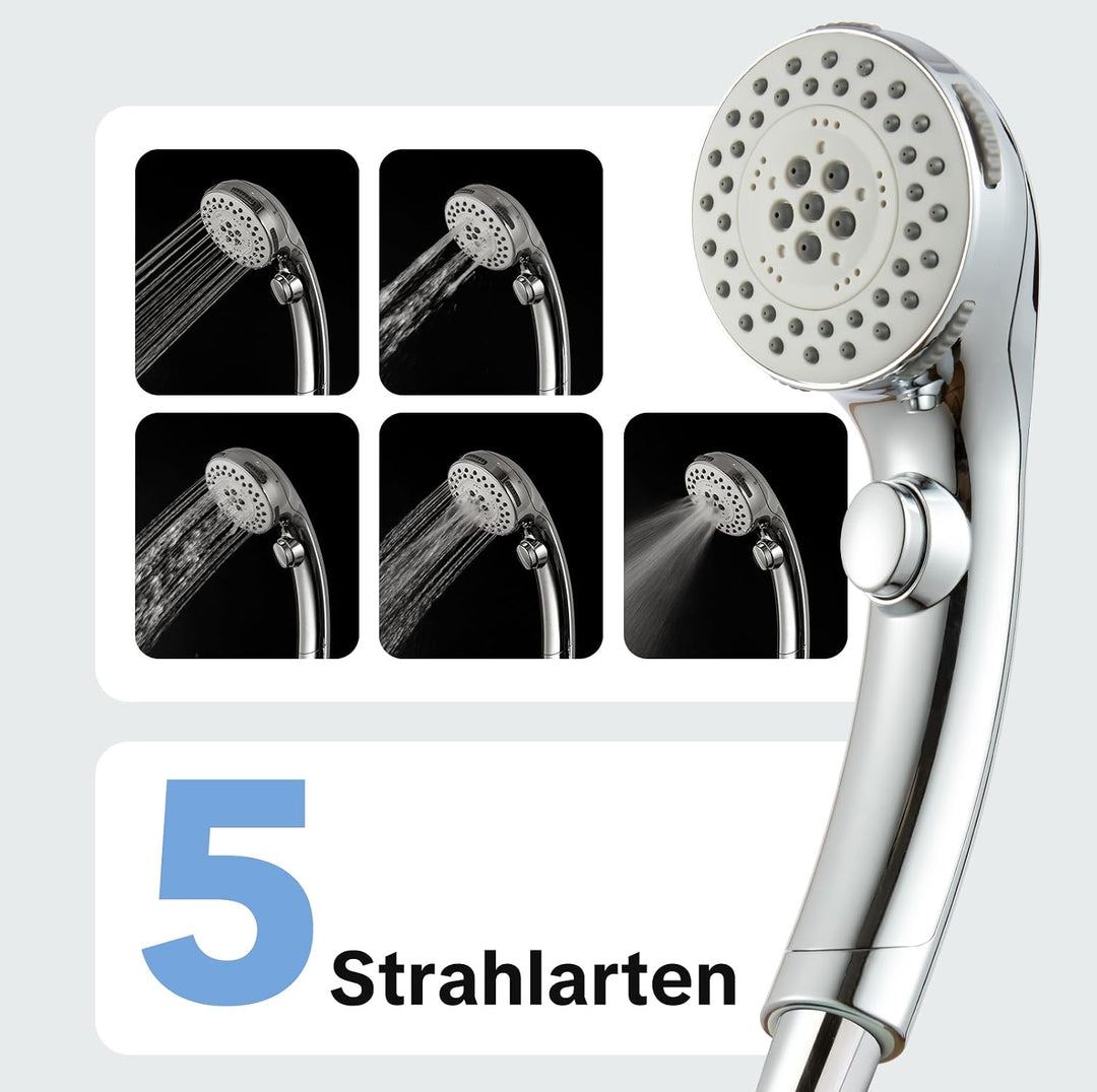 OFFO Duschkopf mit Duschschlauch 1,6m, Stoppfunktion Brausekopf Dusche mit 5 Strahlarten, Wasserspar