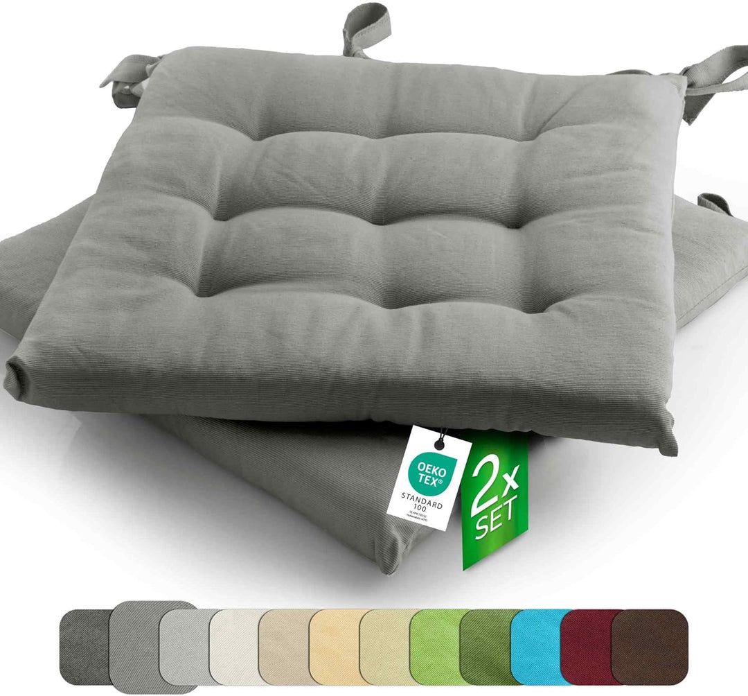 etérea 2er Set Sitzkissen Outdoor 40x40 mit Bändern - Stuhlkissen Grau für Gartenstuhl & Innenbereic