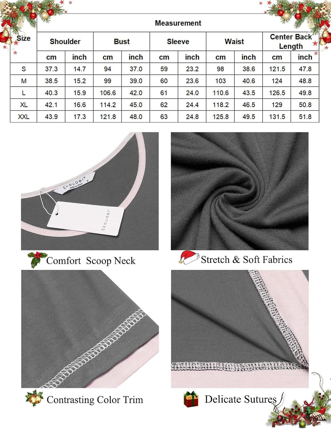 Ekouaer Damen Nachthemd Langarm Elegant Sleepshirt Weich Schlafkleid Lange Nachthemden Kontrastfarbe