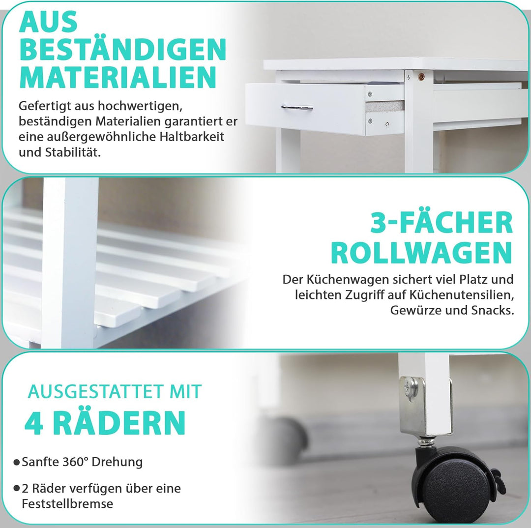DRULINE Servierwagen Beistellwagen 37x37x76 cm, Multifunktionaler Küchentrolley mit 3 Ebenen, Mobile