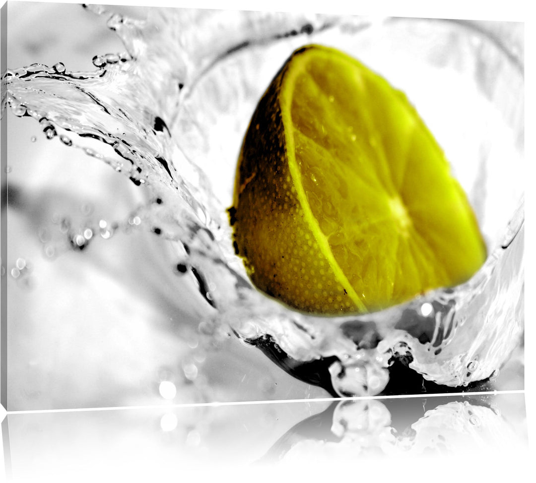 Limette im Wasser schwarz/weiss Format: 100x70 auf Leinwand, XXL riesige Bilder fertig gerahmt mit K