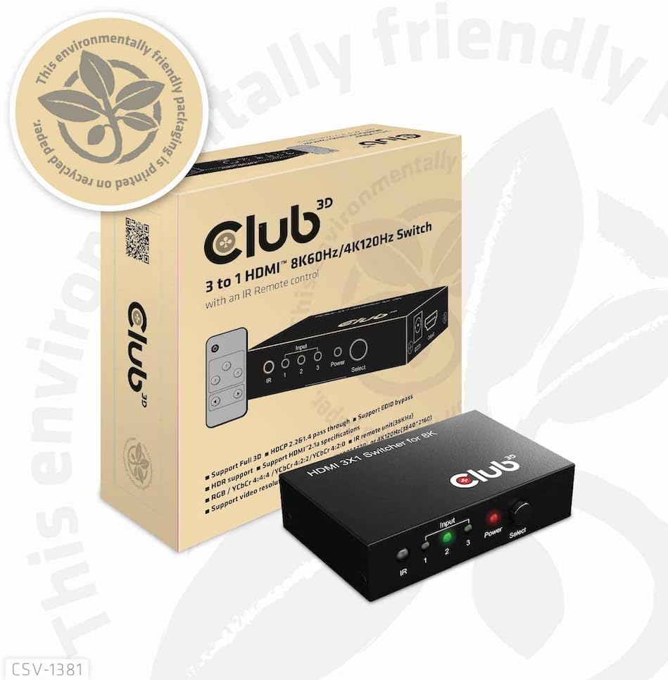 Club3D CSV-1381 HDMI™ 3 auf 1 Umschalter 8K60Hz/4K120Hz Umschalter, CSV-1381