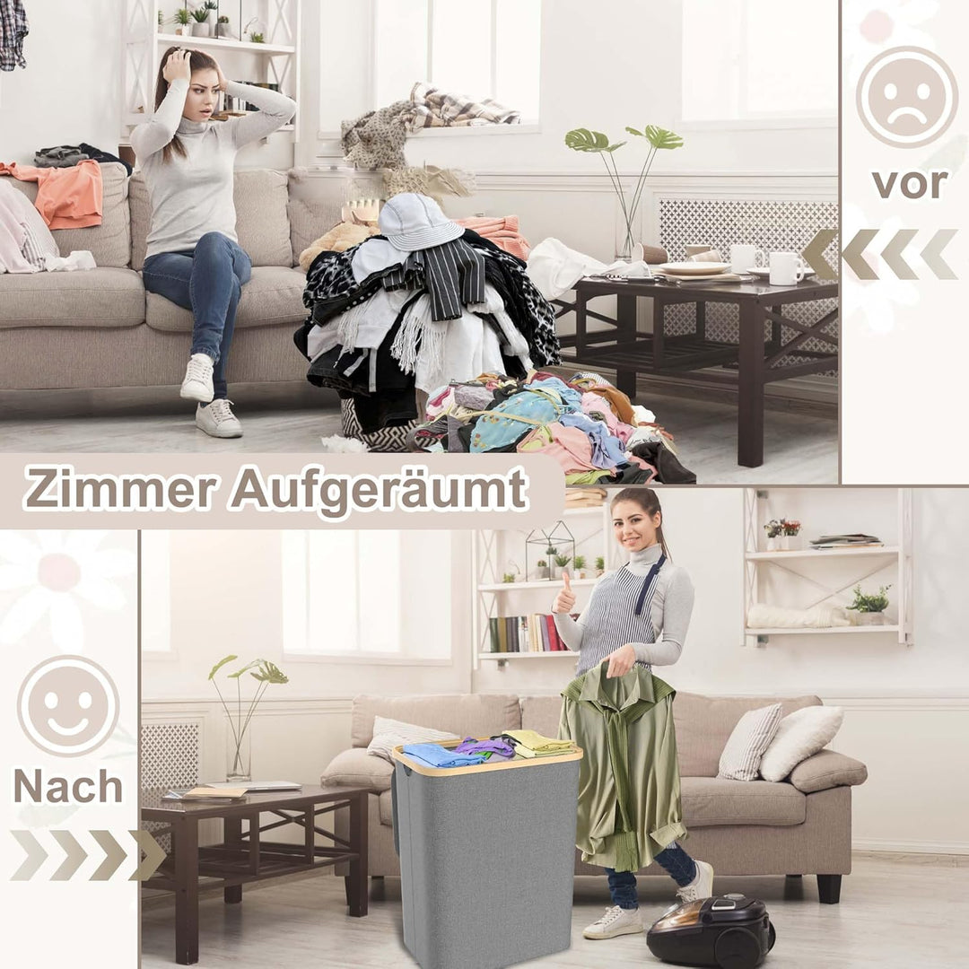 Aufun Wäschekorb140L mit Deckel zur einfachen Trennung, Faltbar Wäschesammler 3 Fächer Wäschesortier