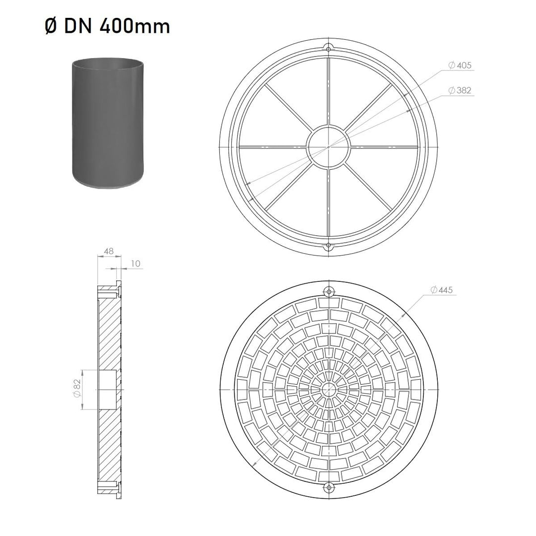Kanaldeckel für Glattrohr Ø DN400 Schachtabdeckung Schachtdeckel Kontrollschacht Schwarz für Glattro