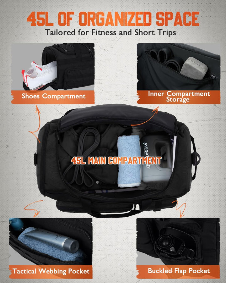 Gonex 45L Sporttasche & Reisetasche Herren, 3-in-1 Tragbar Taktische Trainingstasche mit Schuhfach –